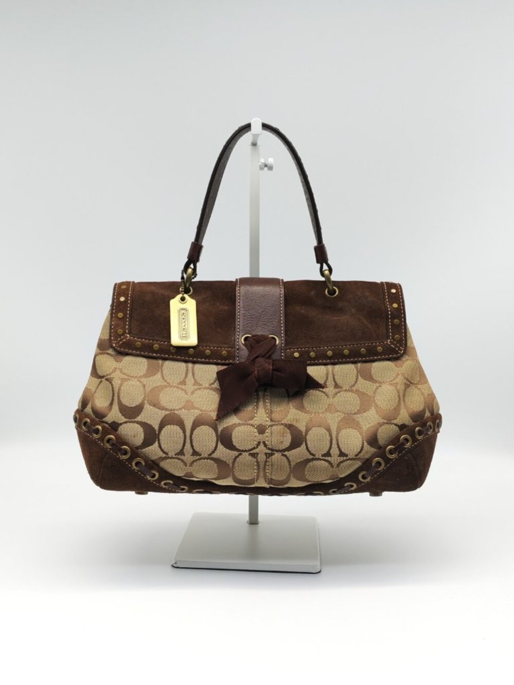 Coach Soho Signature Canvas Suede Buckle Flap Satchel Handbag Brown Studded Y2K - Picture 2 of 15